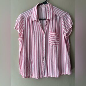 Grand & Greene  pink and white vertical striped button down short sleeve blouse.